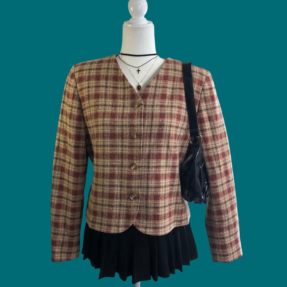 Vintage Pendleton Plaid Wool Blend Blazer Jacket Brown Red 80s 90s Womens 12